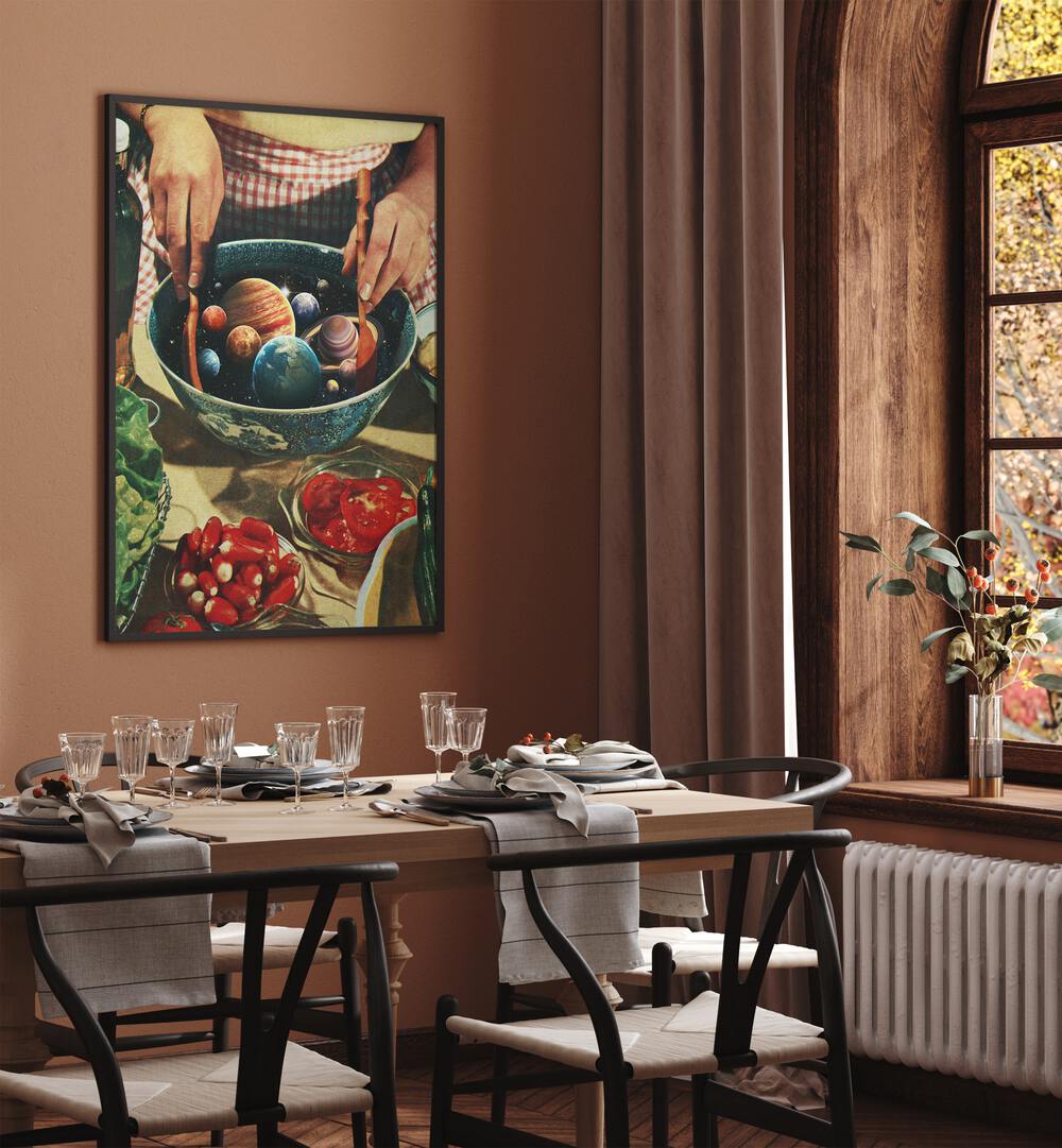 Universal Toss Surreal Art Painting Artwork in plain black frame behind a dining table for dining area