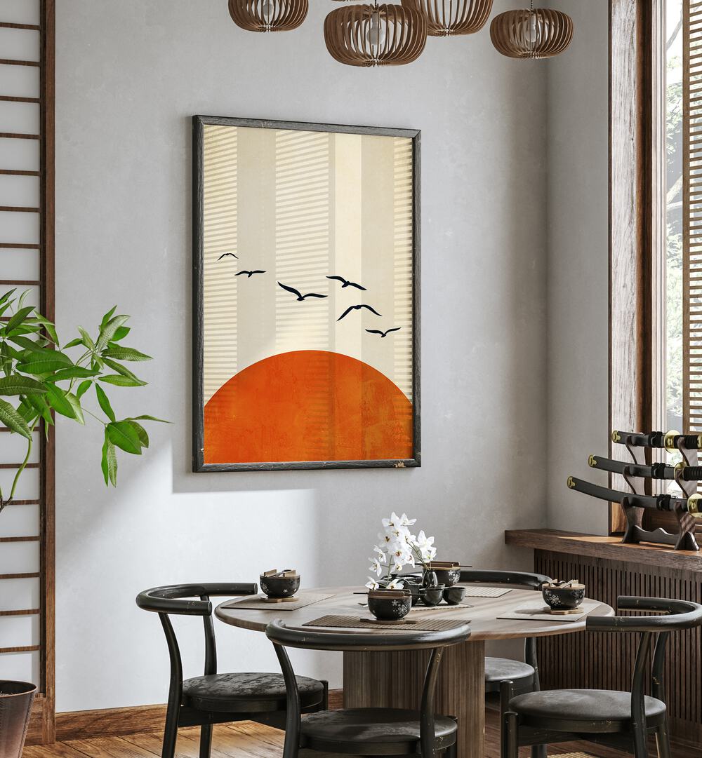 Up And Away Landscape Art Artwork in Black Plain Frame Placed on a white wall near a dinning table in the dinning room