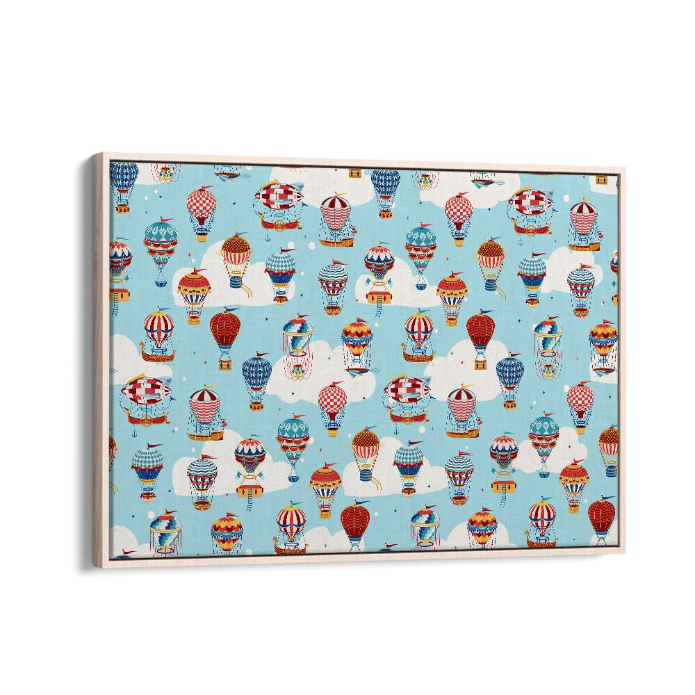 Up in the Clouds Blue Kids Art Artwork in Oak Wood Floater Frame
