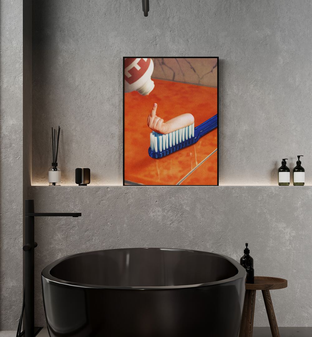 Up Your Mouth Surreal Art Painting Artwork in plain black frame behind a bath tub for bathroom