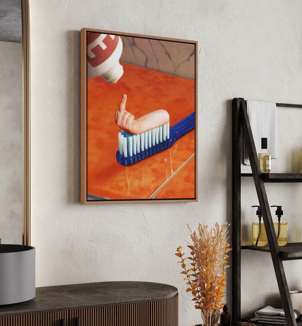 Up Your Mouth Surreal Art Painting Artwork in oakwood floater frame on a white wall beside a shelf