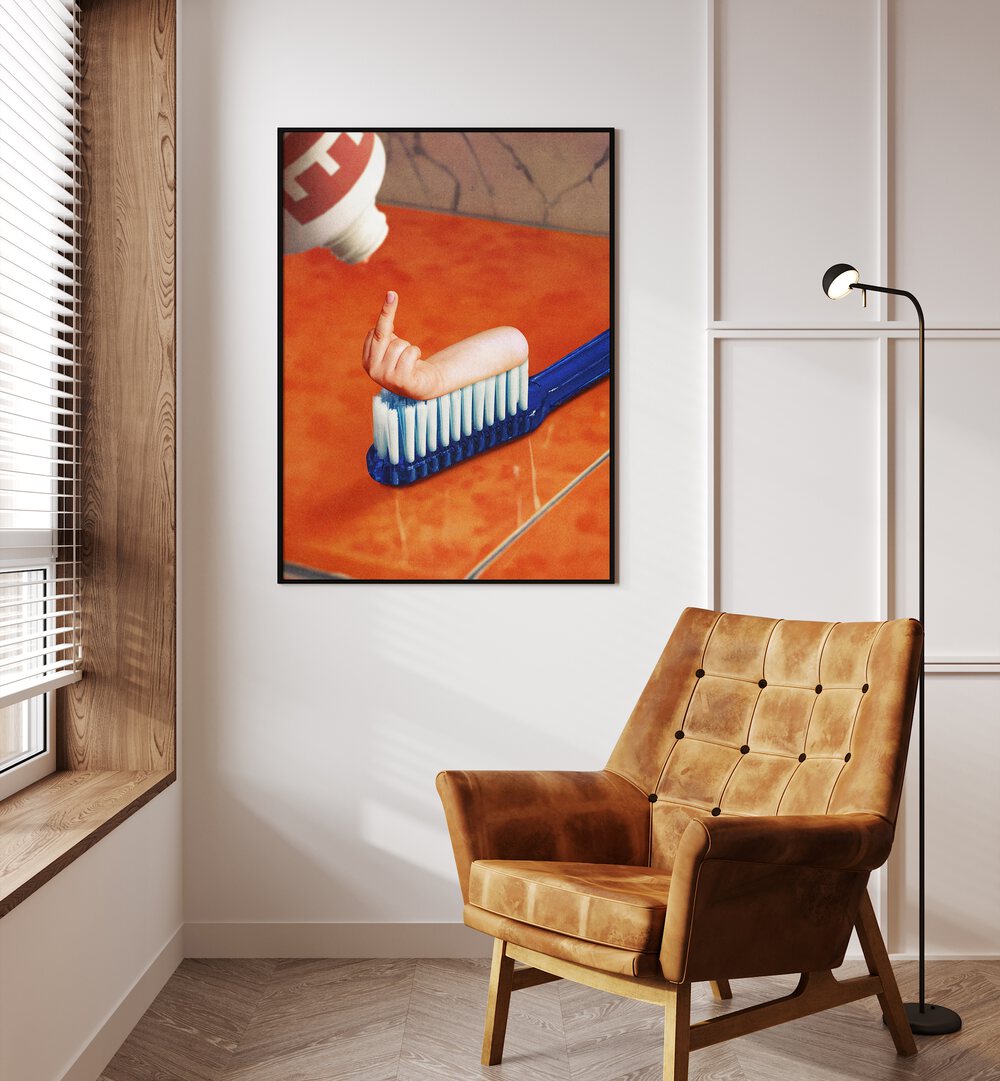 Up Your Mouth Surreal Art Painting Artwork in plain black frame beside a window on white wall