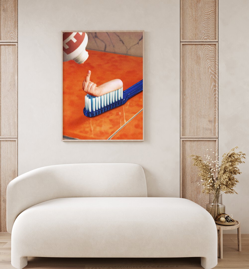 Up Your Mouth Surreal Art Painting Artwork in plain oakwood frame above a white sofa