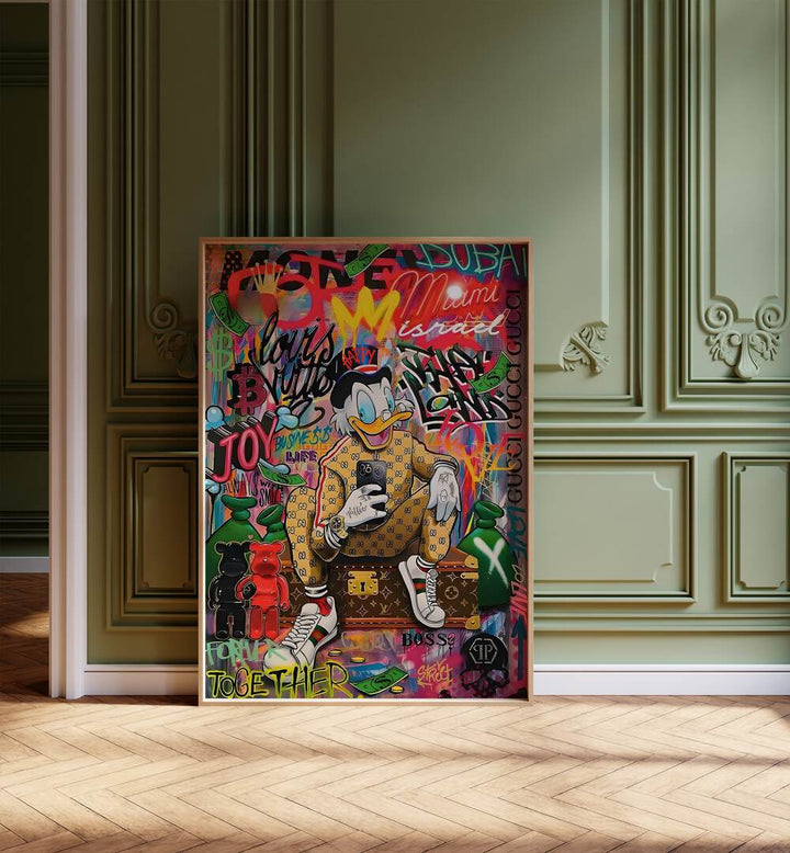 Urban Chick : Gucci Duck Graffiti Comic Art Artwork in Oak Wood Plain Frame placed on a Wooden Floor Leaning on a Green Wall