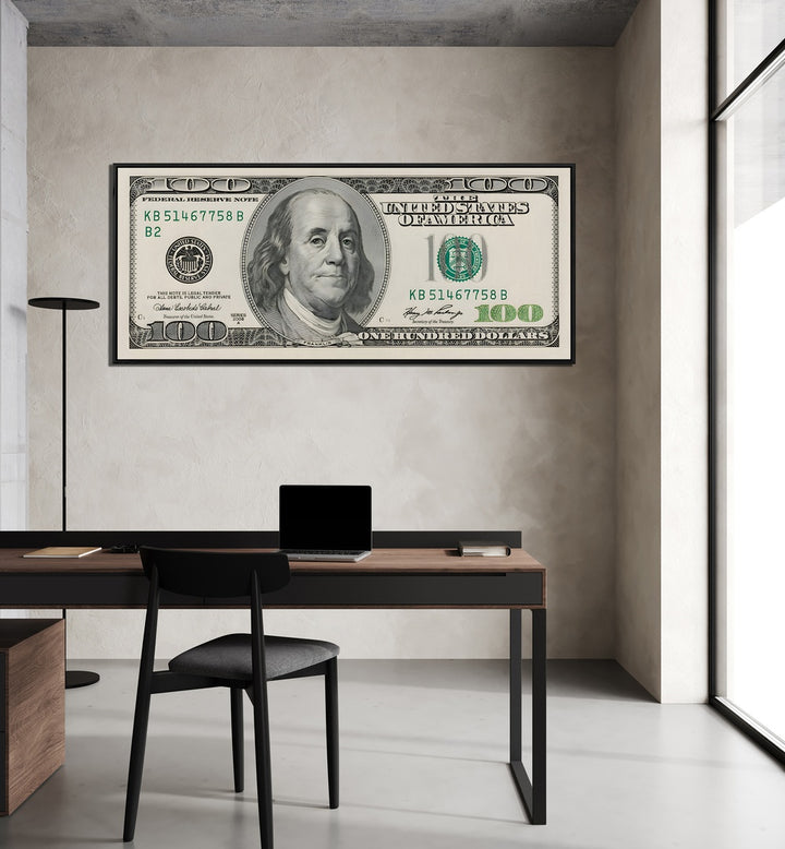 Us Dollar II Money Art Artwork in Black Floater Frame Placed on a Beige Wall Behind an Office Desk in an Office Work Space