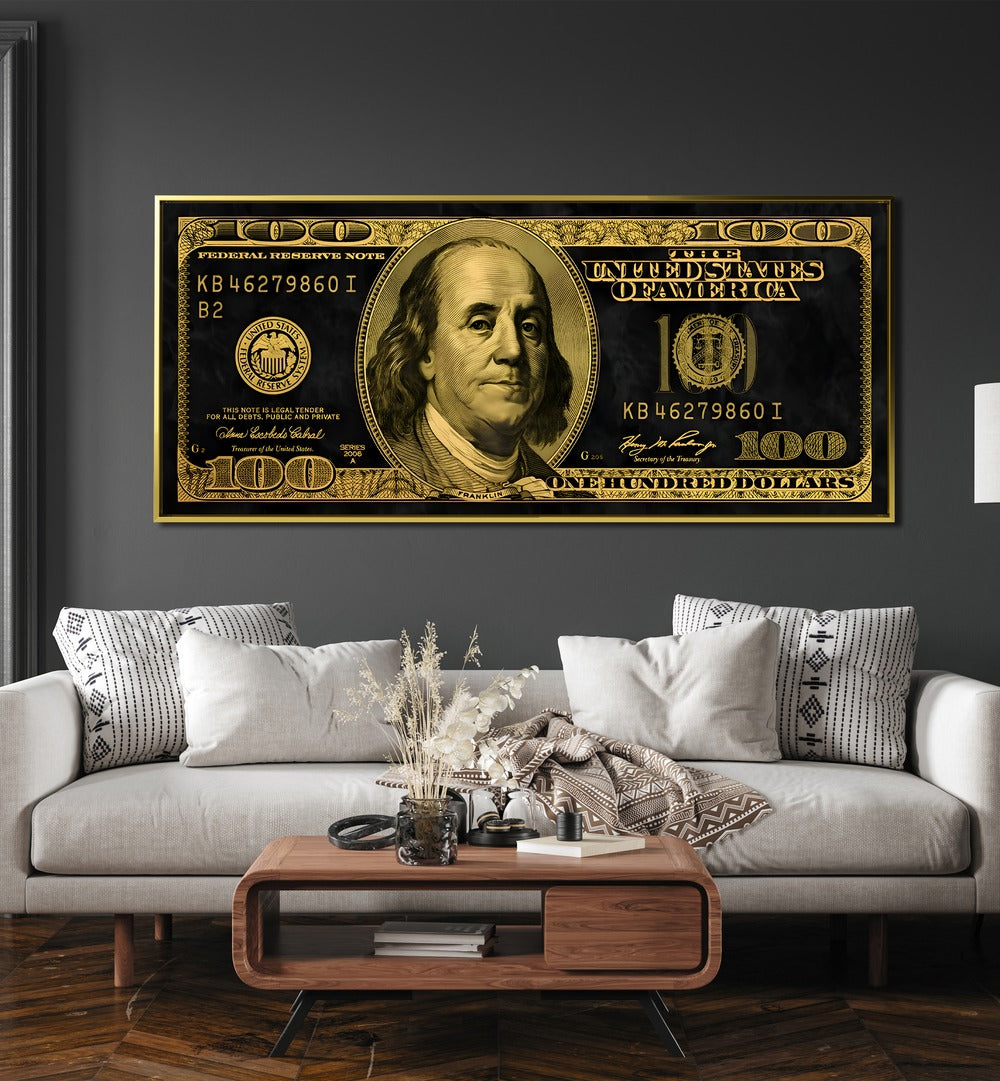 US Dollar Money Art Artwork in the Living Room placed on Above a White Sofa on a Dark Grey Wall