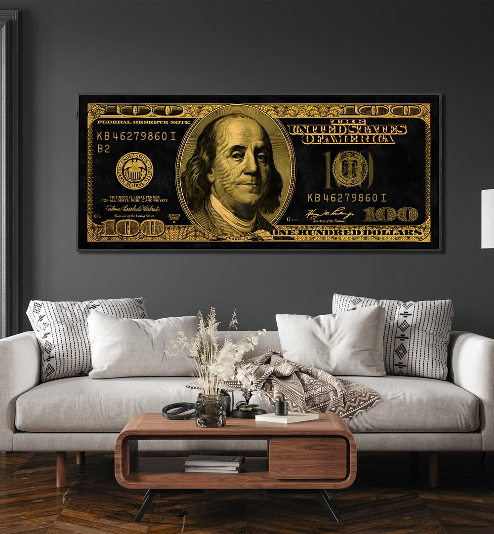 US Dollar Money Art Artwork in the Living Room placed on Above a White Sofa on a Dark Grey Wall