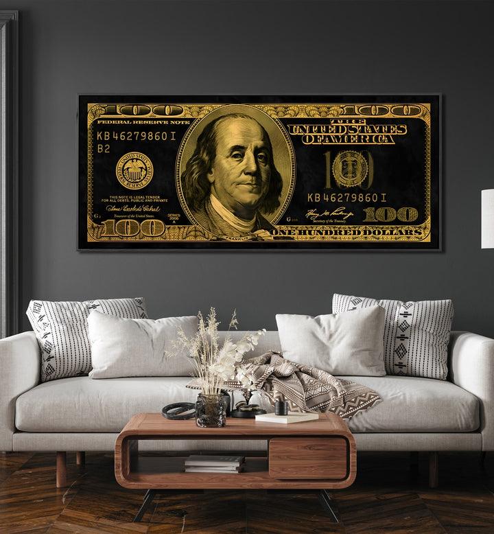 US Dollar Money Art Artwork in the Living Room placed on Above a White Sofa on a Dark Grey Wall