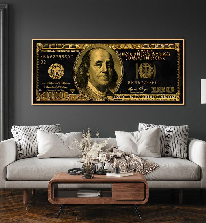 US Dollar Money Art Artwork in the Living Room placed on Above a White Sofa on a Dark Grey Wall