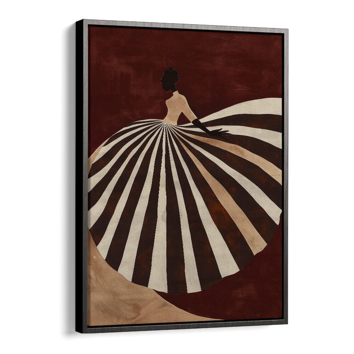 Elegant UMBRELLA, PORTRAITS art piece featuring a stylish figure in a striped dress, perfect for sophisticated decor.