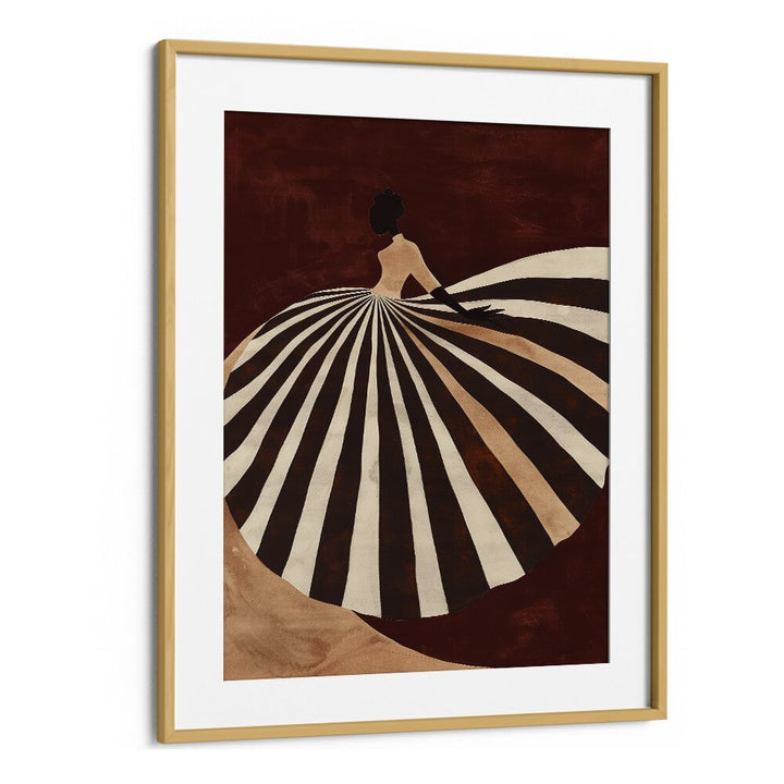 Elegant UMBRELLA, PORTRAITS artwork featuring a stylish figure in a striped gown, framed beautifully for any space.