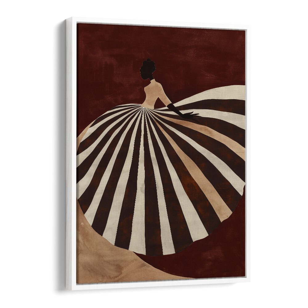 Elegant UMBRELLA, PORTRAITS illustration featuring a stylish figure in a striking striped gown against a rich backdrop.