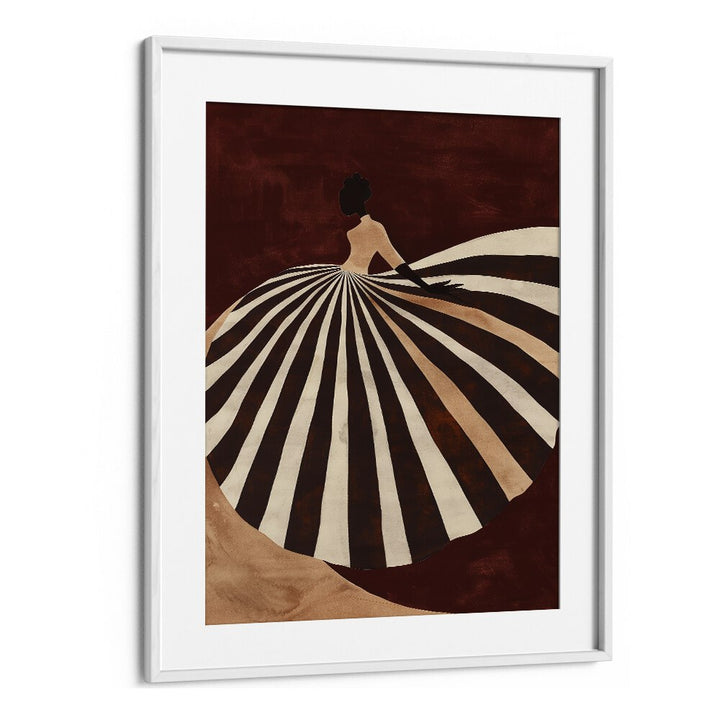 Elegant UMBRELLA, PORTRAITS illustration showcasing a woman in a striking striped dress, framed for artistic appeal.