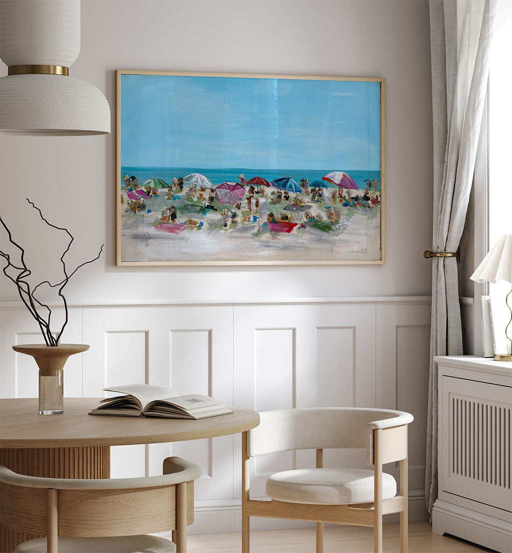 Colorful UMBRELLA GATHERING, BEACH PAINTINGS enhance coastal decor, capturing joyful beach scenes and sunny vibes.