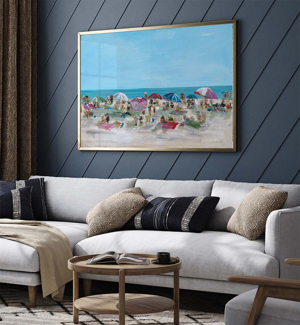 Vibrant UMBRELLA GATHERING, BEACH PAINTINGS adorning a modern living room, perfect for coastal decor enthusiasts.