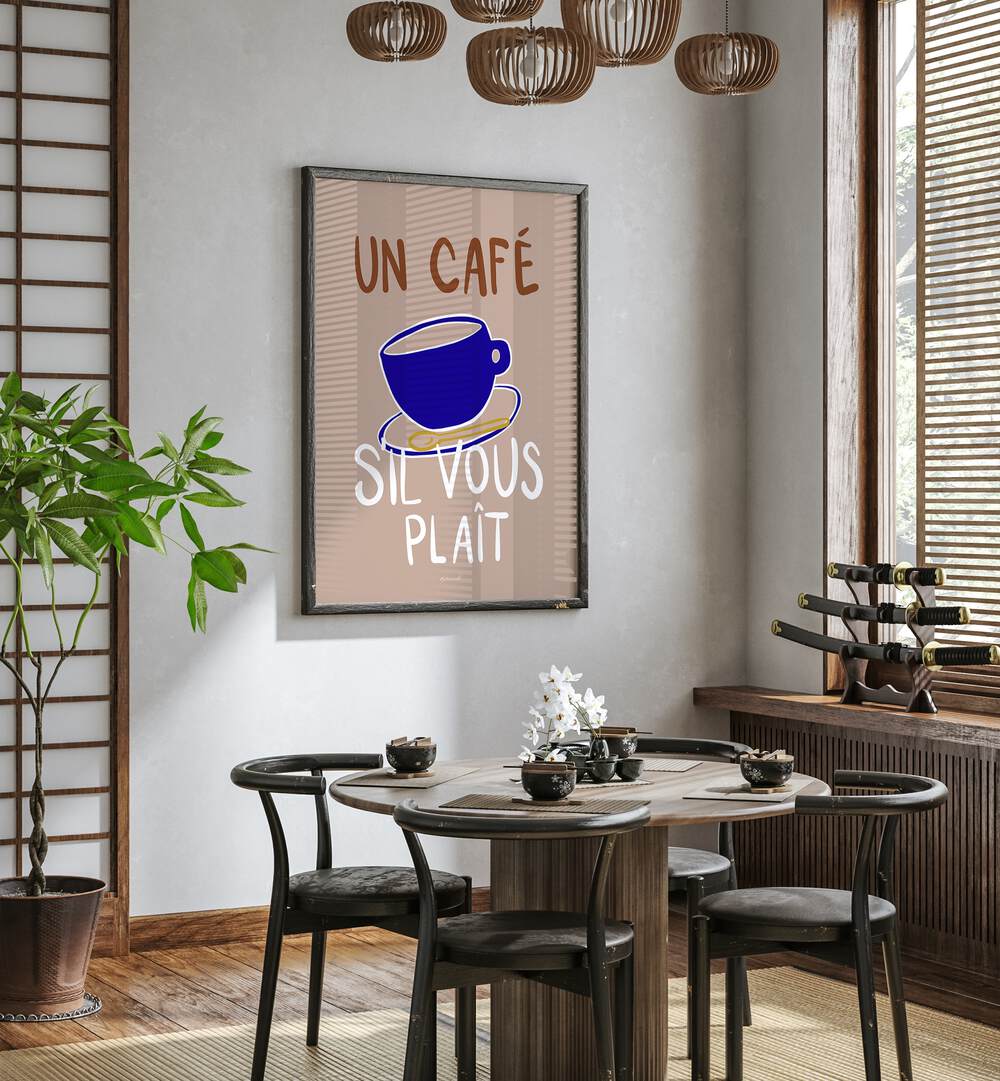 Un Cafe Cafe Art Prints Cafe Posters in Dark Wood Plain Frame placed on a White Colored Wall near a Coffee Table in the Dining Room