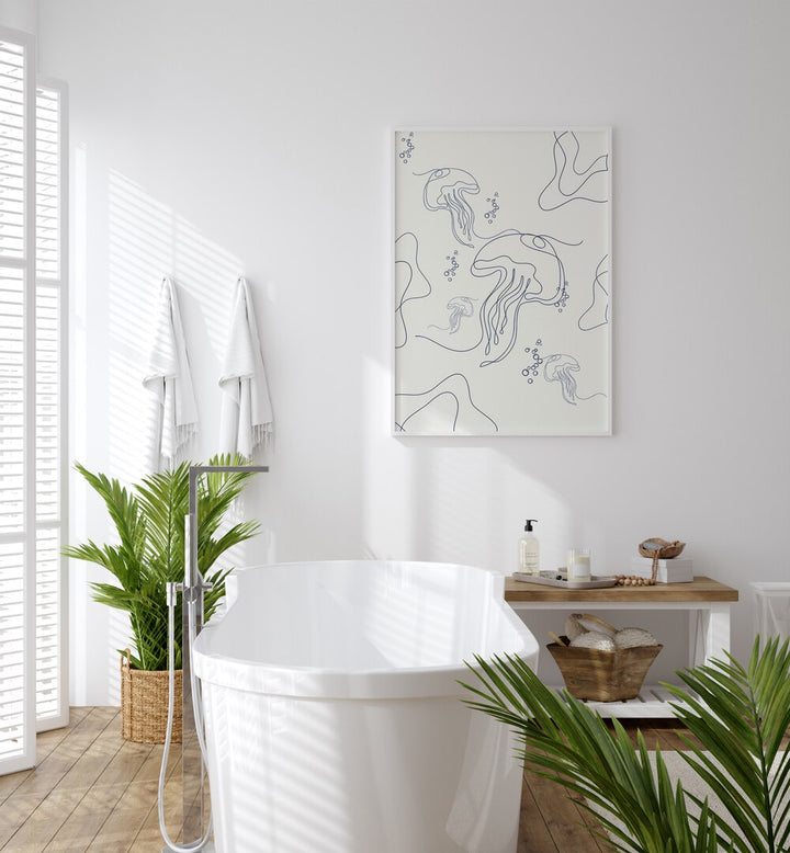 Under Ocean By Grishma Korjani Line Art Prints in White Plain Frame placed on a White Colored Wall near a Bathtub in the Bathroom