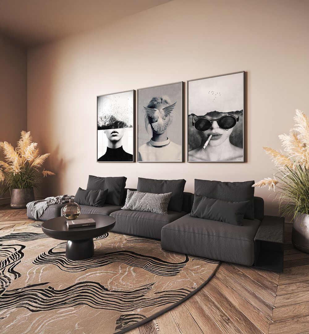 Underdott Artworks Set Set Of 3 Paintings in Black Plain Frame placed on a beige wall behind a black sofa for living room