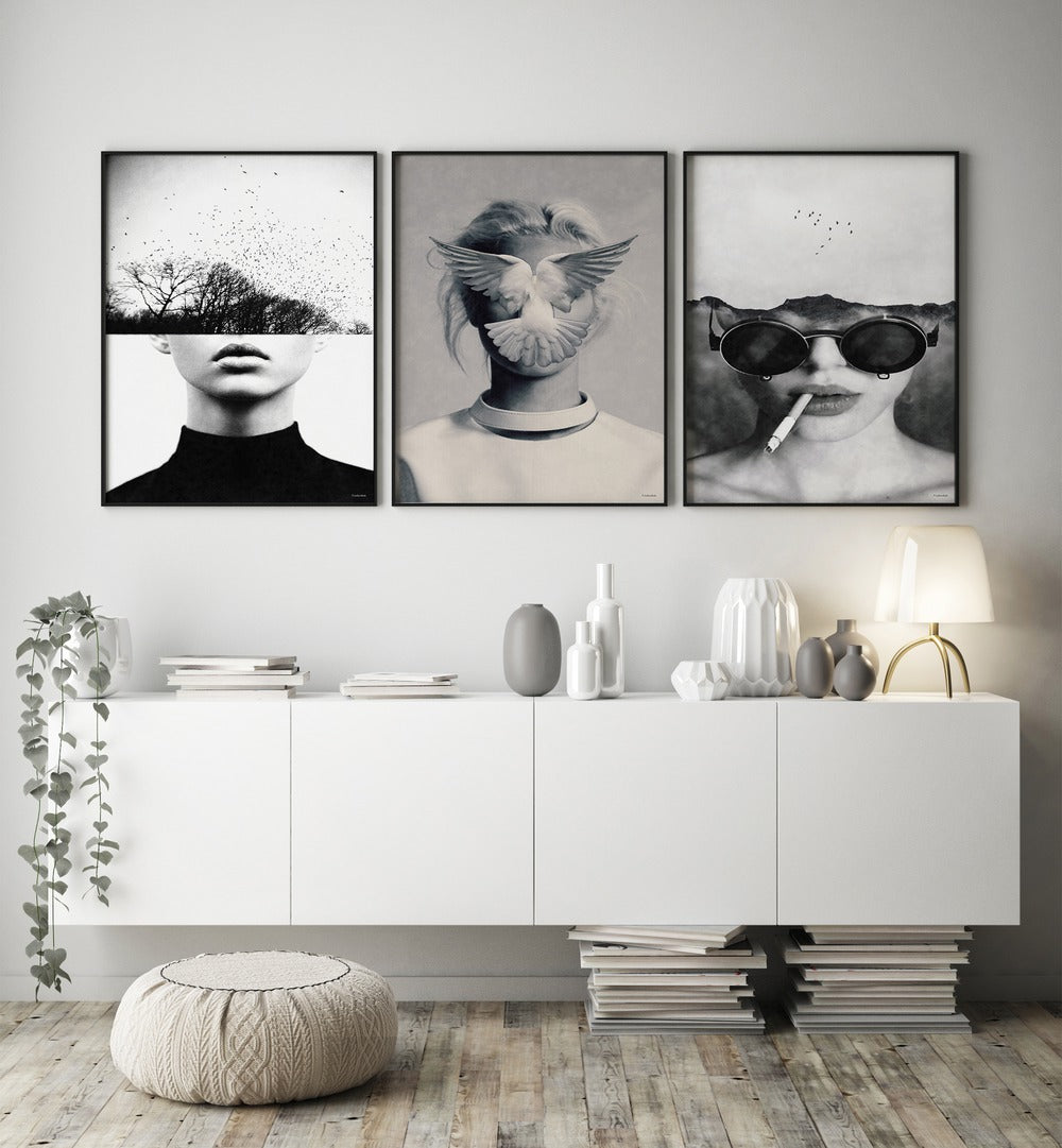 Underdott Artworks Set Set Of 3 Paintings in Black Plain Frame placed on a white wall behind a console table