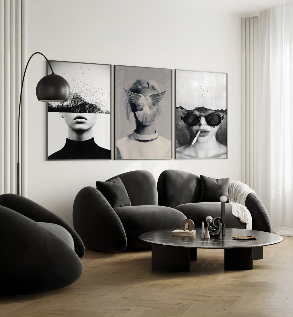 Underdott Artworks Set Set Of 3 Paintings in Black Plain Frame placed on a white wall behind a black sofa for living room