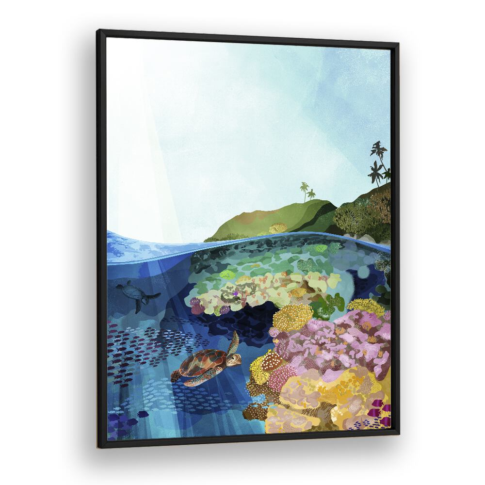 Underwater World by Goed Blauw Kids Paintings in Black Plain Frame