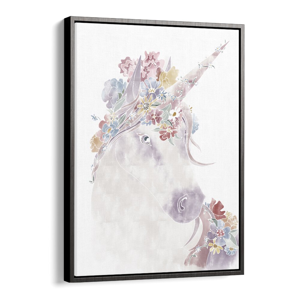 Unicorn Floral  Kids Paintings in Black Floater Frame