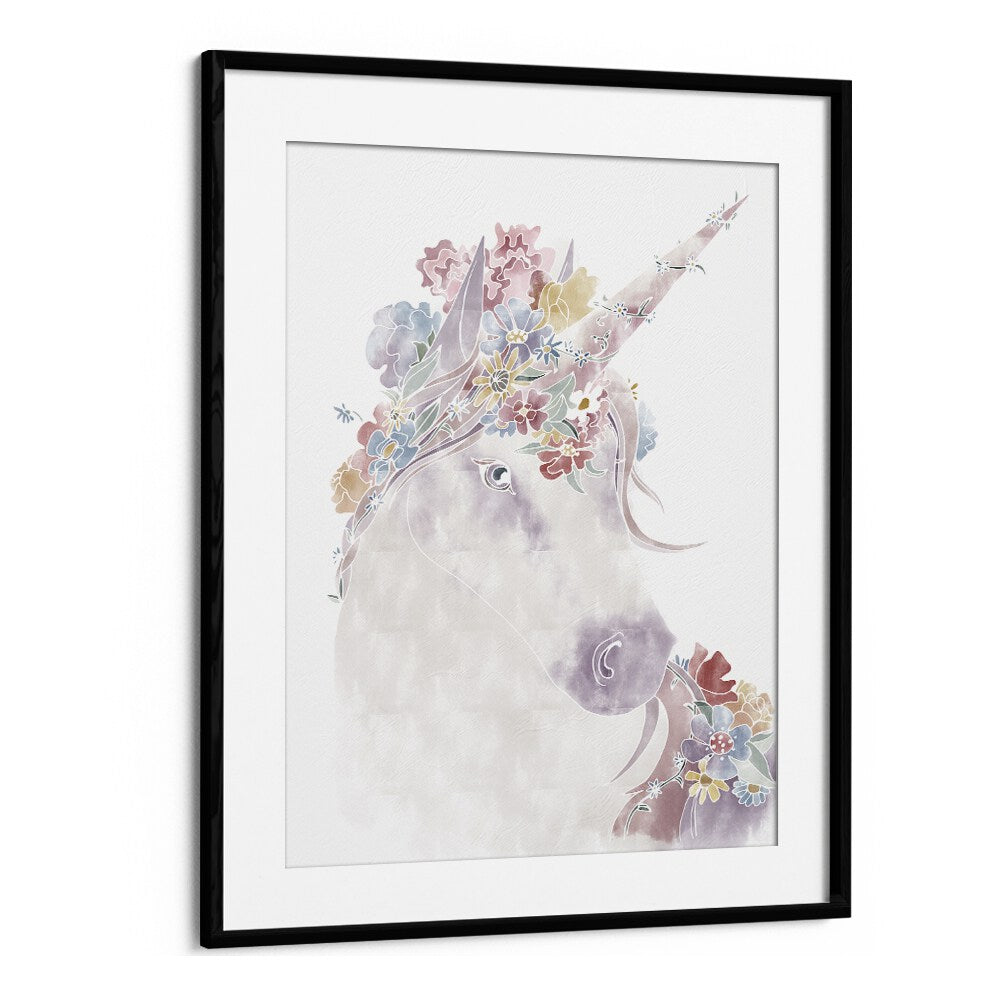 Unicorn Floral  Kids Paintings in Black Frame With Mount