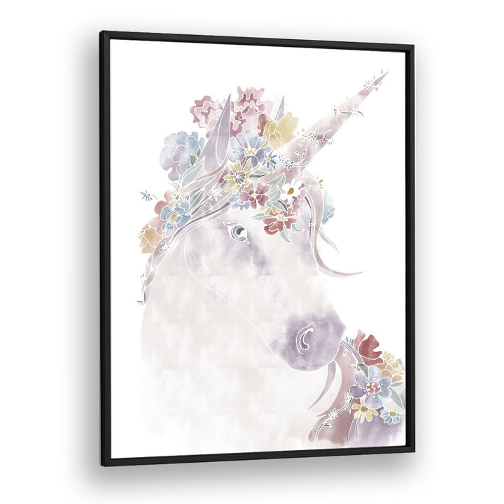 Unicorn Floral  Kids Paintings in Black Plain Frame