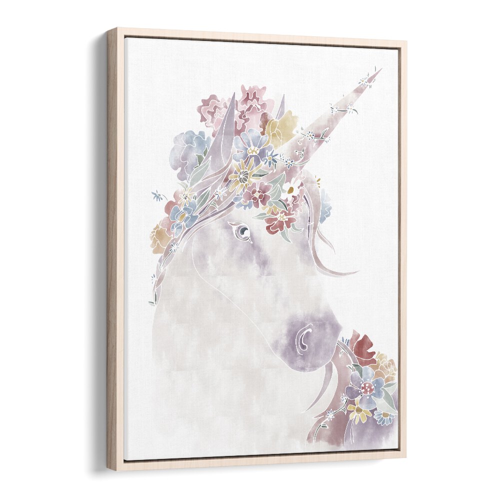 Unicorn Floral  Kids Paintings in Oak Wood Floater Frame