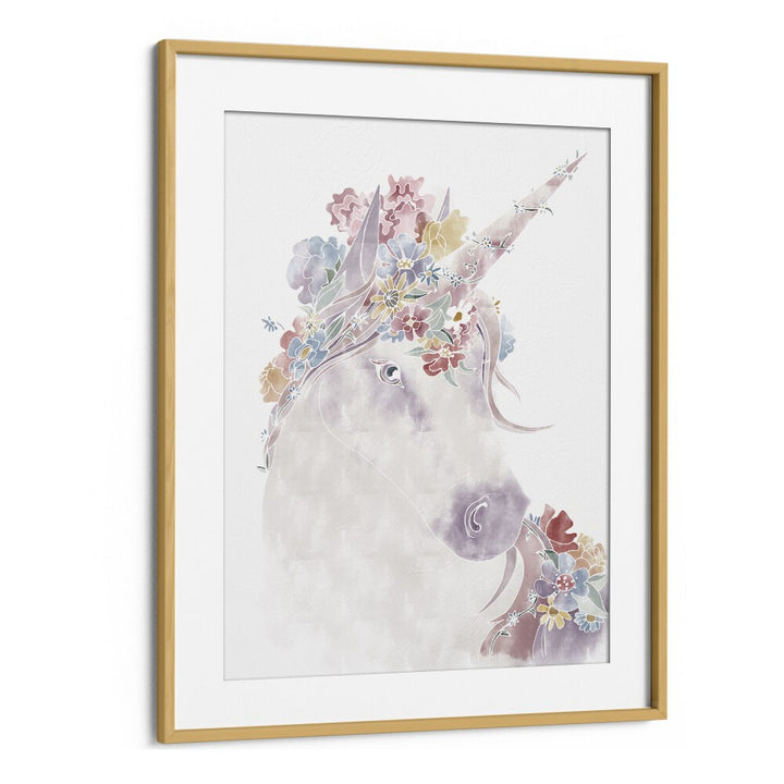 Unicorn Floral  Kids Paintings in Oak Wood Frame With Mount