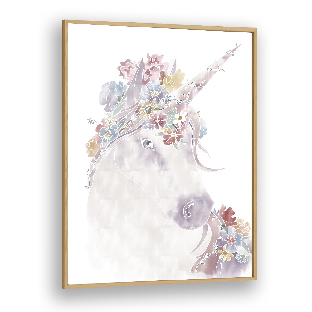 Unicorn Floral  Kids Paintings in Oak Wood Plain Frame