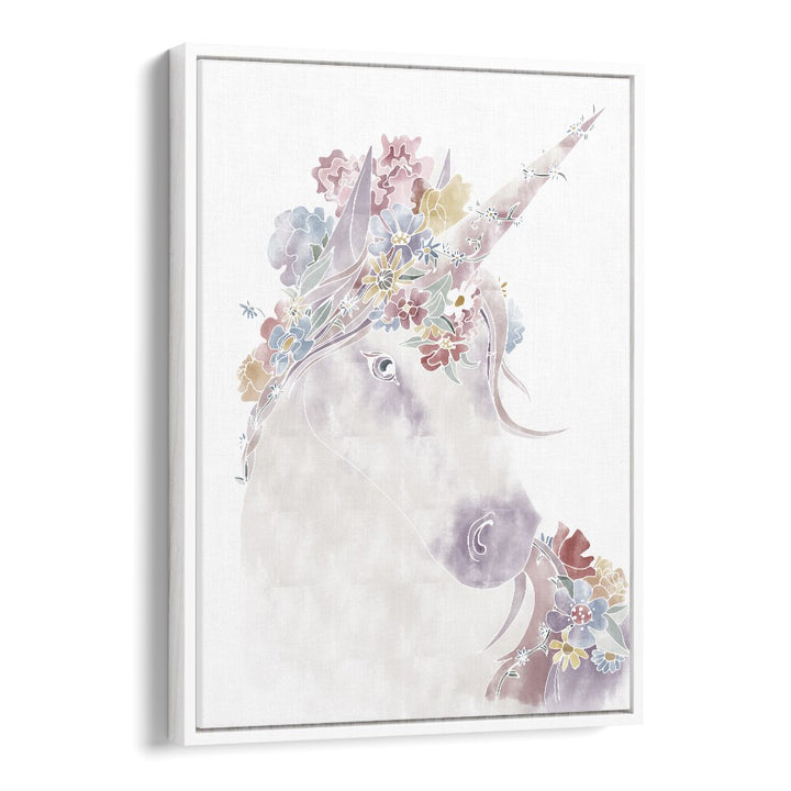 Unicorn Floral  Kids Paintings in White Floater Frame