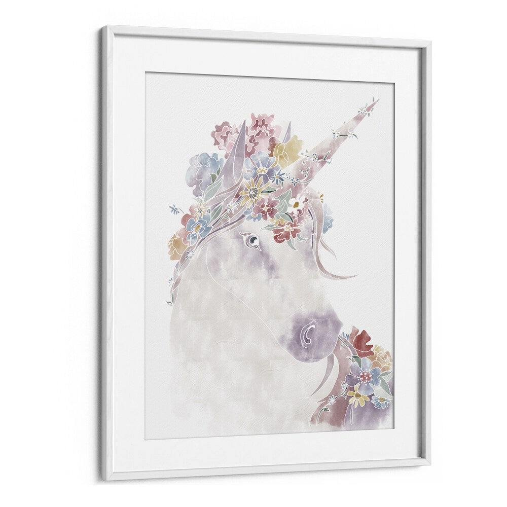 Unicorn Floral  Kids Paintings in White Frame With Mount