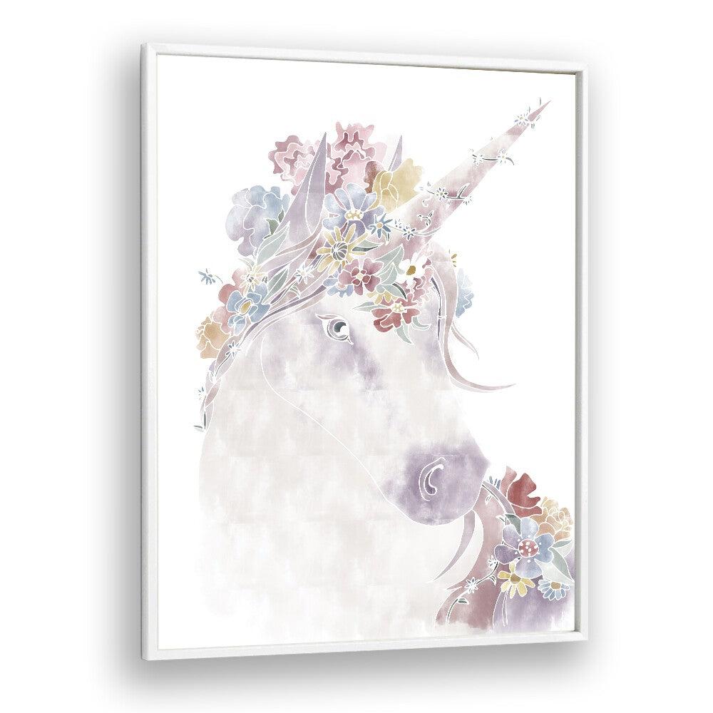 Unicorn Floral  Kids Paintings in White Plain Frame