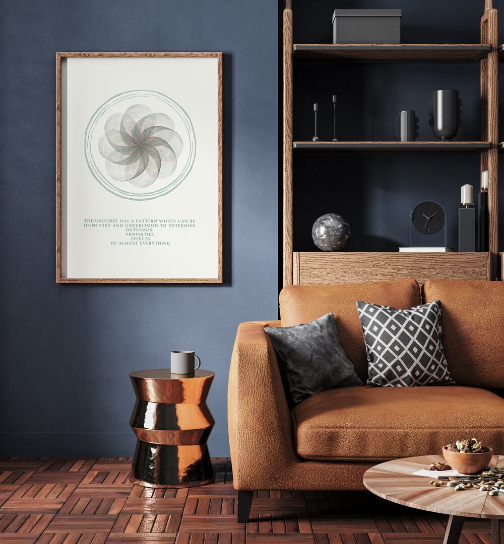 Universe By Grishma Korjani Quotes and Typography Posters in Oak Wood Plain Frame placed on a Blue Colored Wall in the Living Room