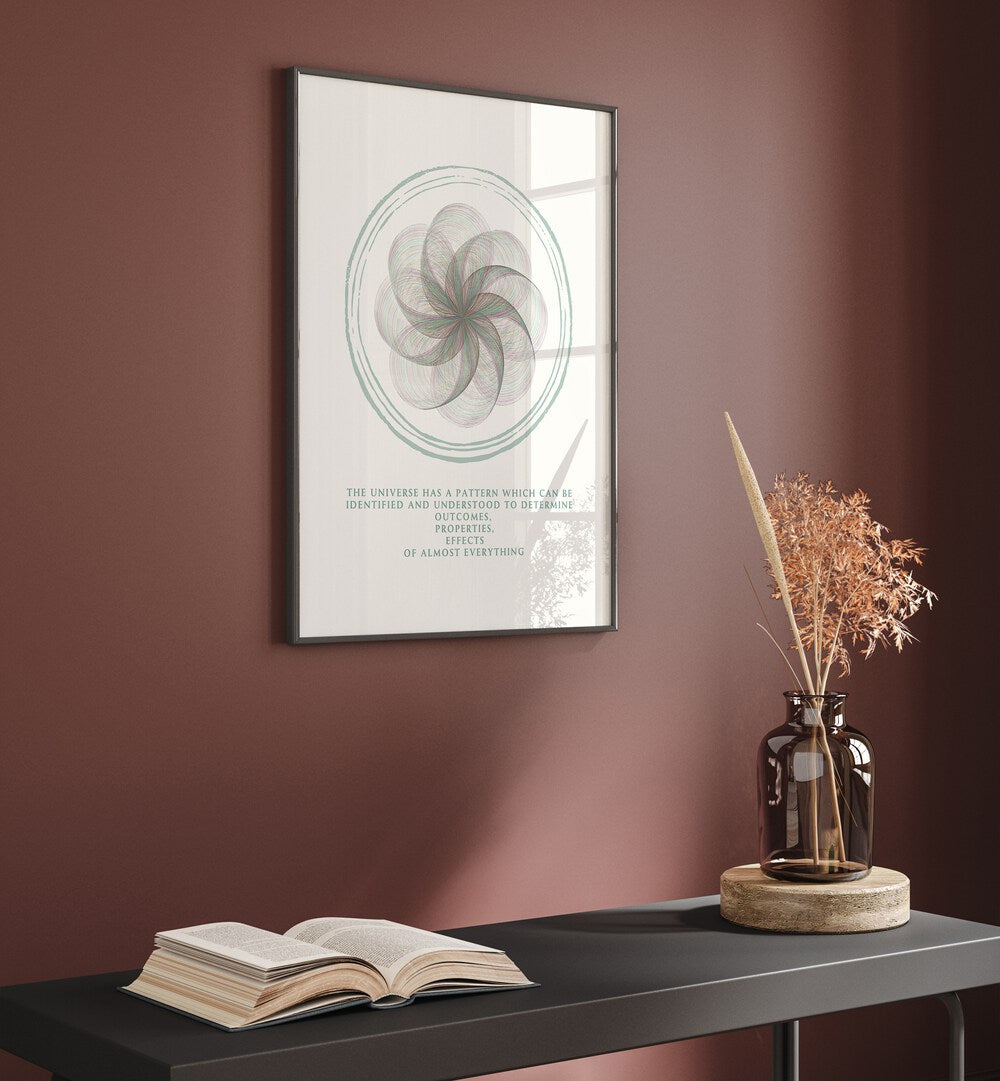 Universe By Grishma Korjani Quotes and Typography Posters in Black Plain Frame placed on a Brown Colored Wall above a Console Table 