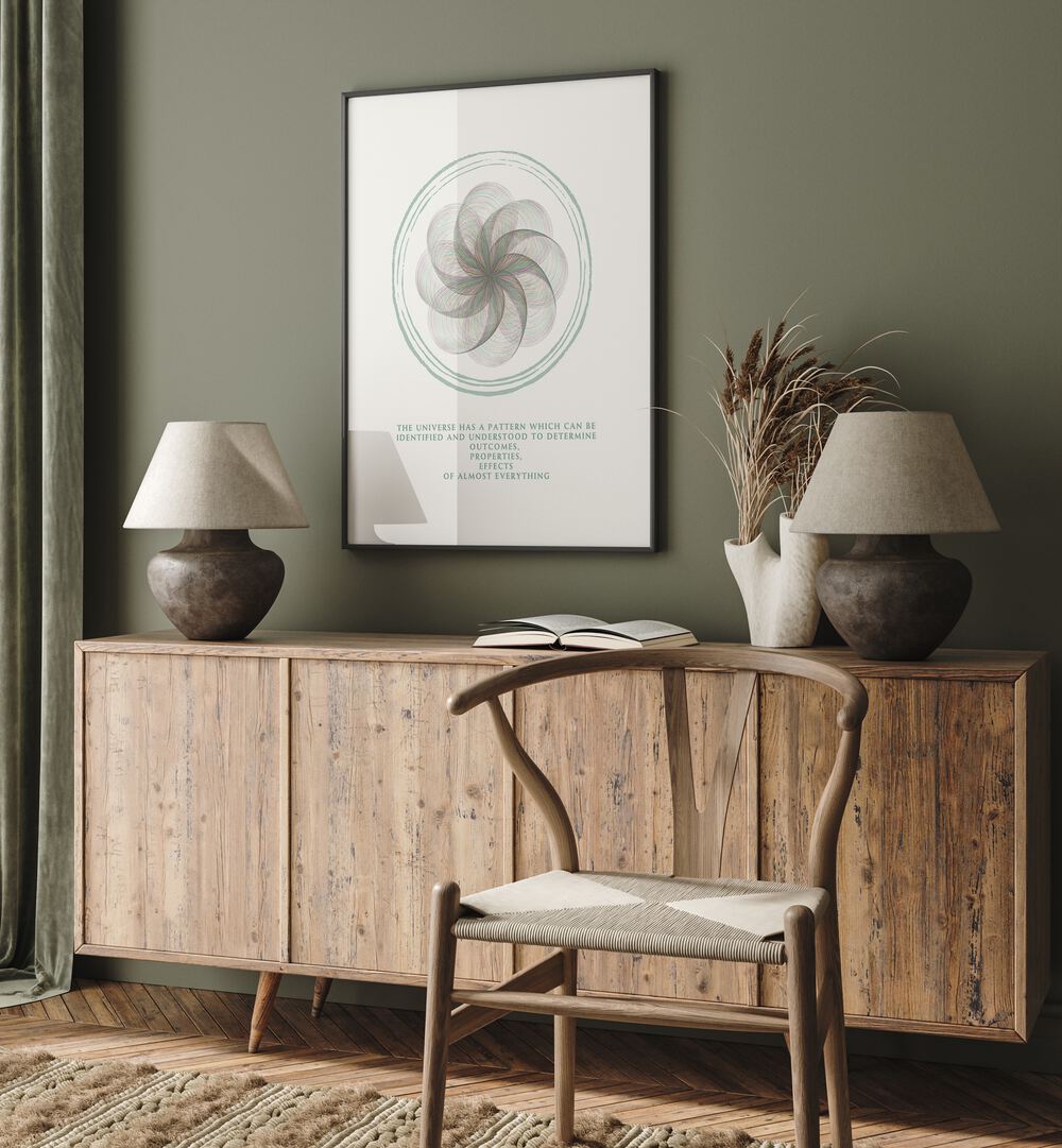 Universe By Grishma Korjani Quotes and Typography Posters in Black Plain Frame placed on a Green Colored Wall above a Console Table in the Drawing Room