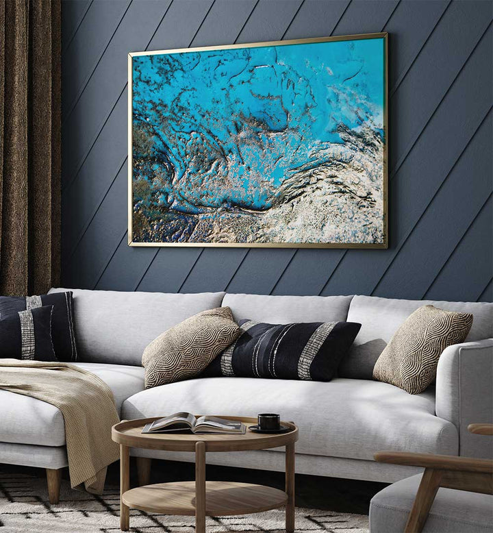 Stunning SEA AND SKY, ABSTRACT PAINTINGS enhancing a modern living room with vibrant colors and textures.