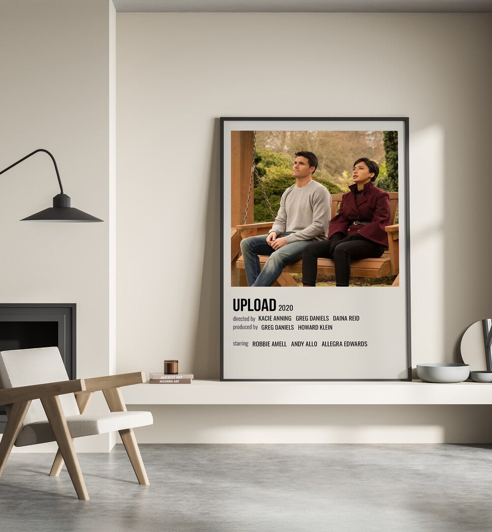 Upload 2020 Movie Posters in Black Plain Frame placed on a shelf beside a hearth