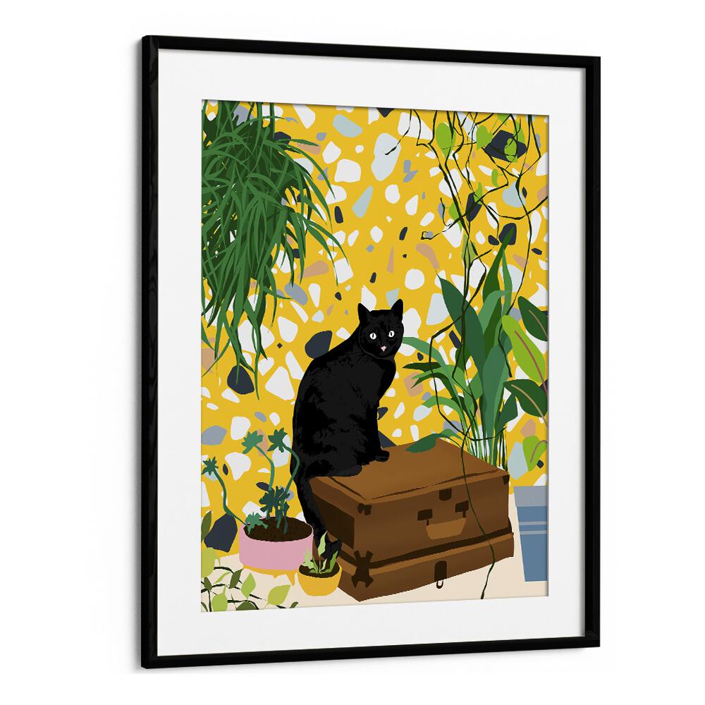 Urban Jungle Cat By Uma Gokhale Art Prints in Black Frame With Mount