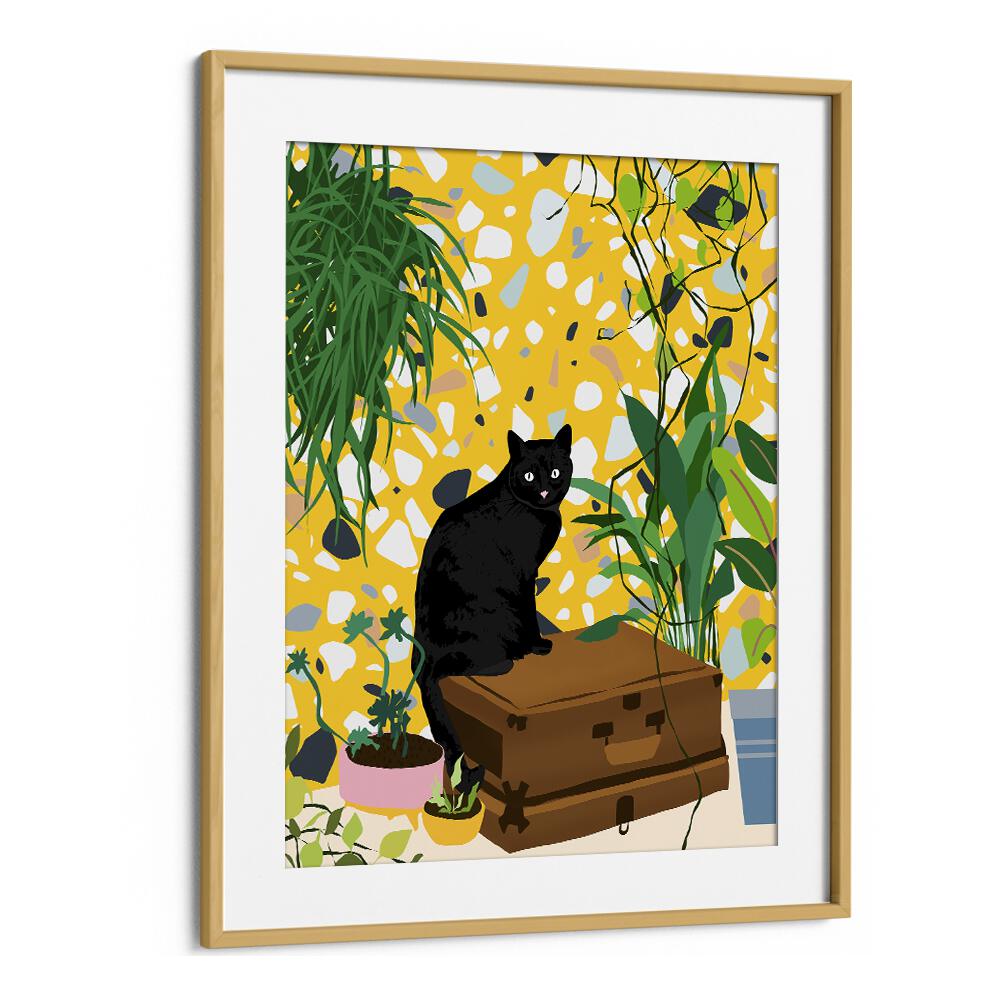 Urban Jungle Cat By Uma Gokhale Art Prints in Oak Wood Frame With Mount