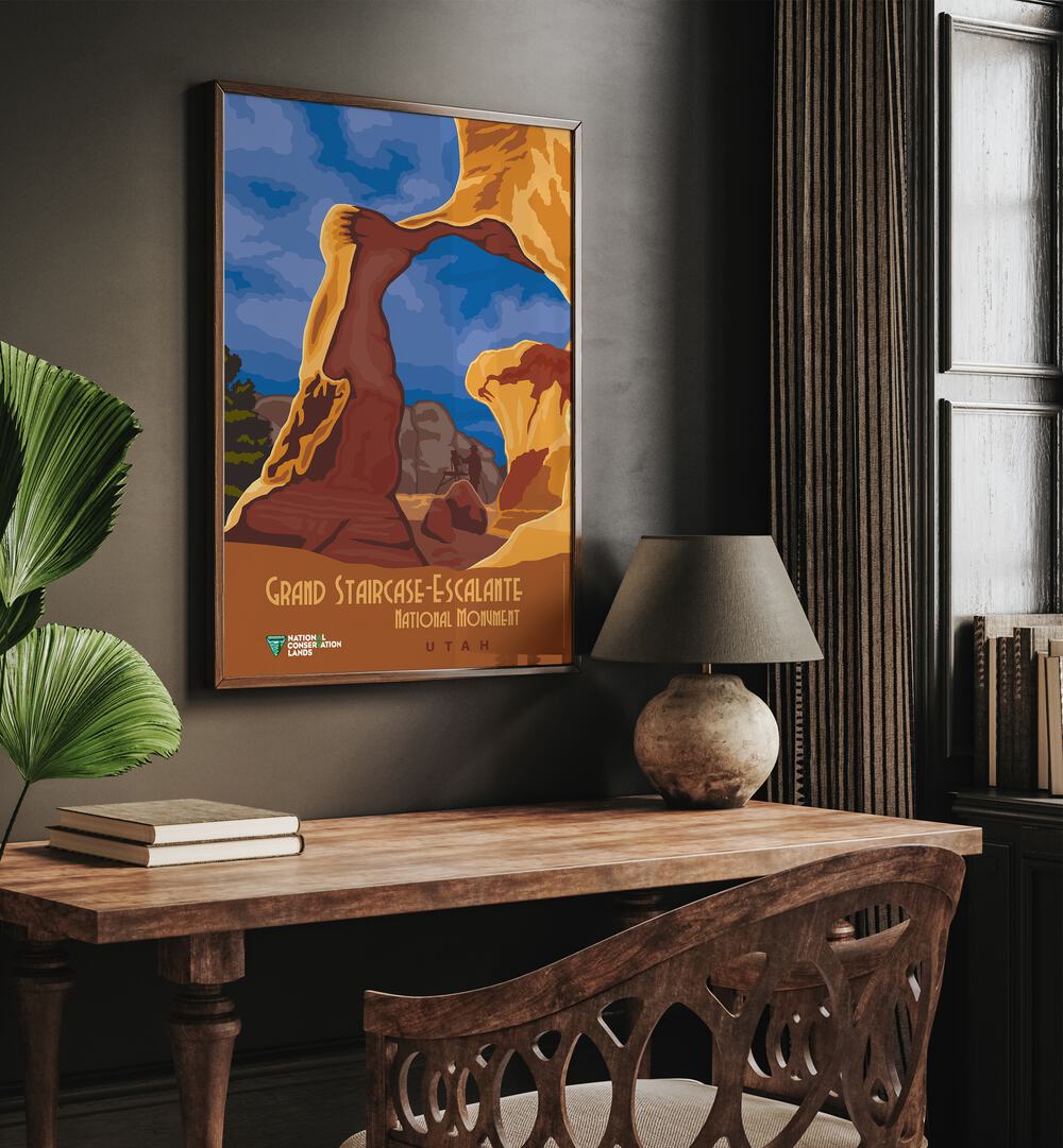 Utaha Retro Vintage Travel Vintage Travel Posters in Dark Wood Plain Frame on a wall above a study table beside a lamp