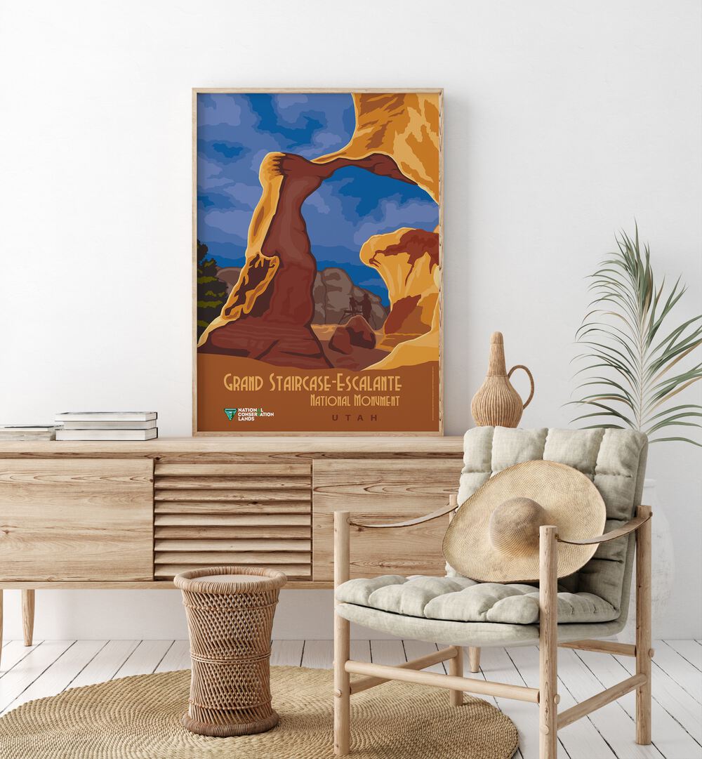 Utaha Retro Vintage Travel Vintage Travel Posters in Oak Wood Plain Frame on a console table beside a plany