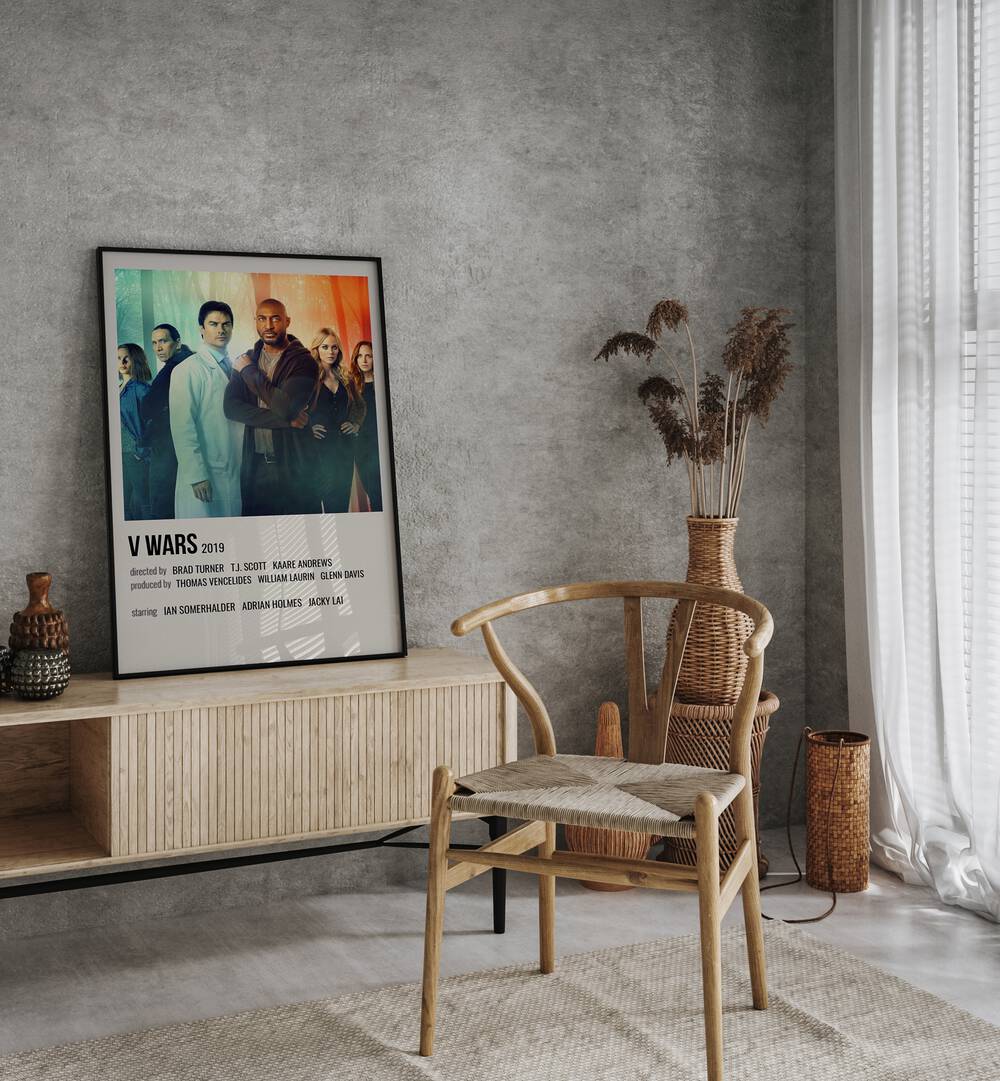 V Wars 2019 Movie Posters in Black Plain Frame placed on a console table behind a chair