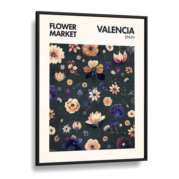 Valencia - Flower Market  Botanical Flower Paintings Artwork  in Black Plain Frame