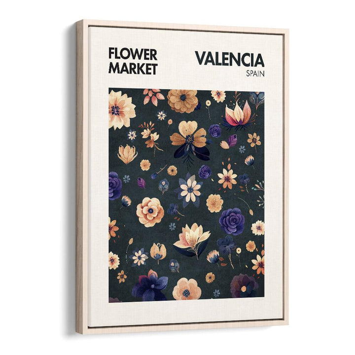 Valencia - Flower Market   Botanical Flower Paintings Artwork in Oak Wood Floater Frame