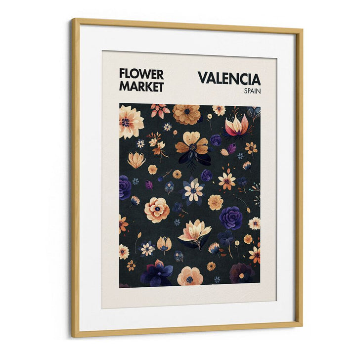 Valencia - - Flower Market  Botanical Flower Paintings Artwork in Oak Wood Frame With Mount