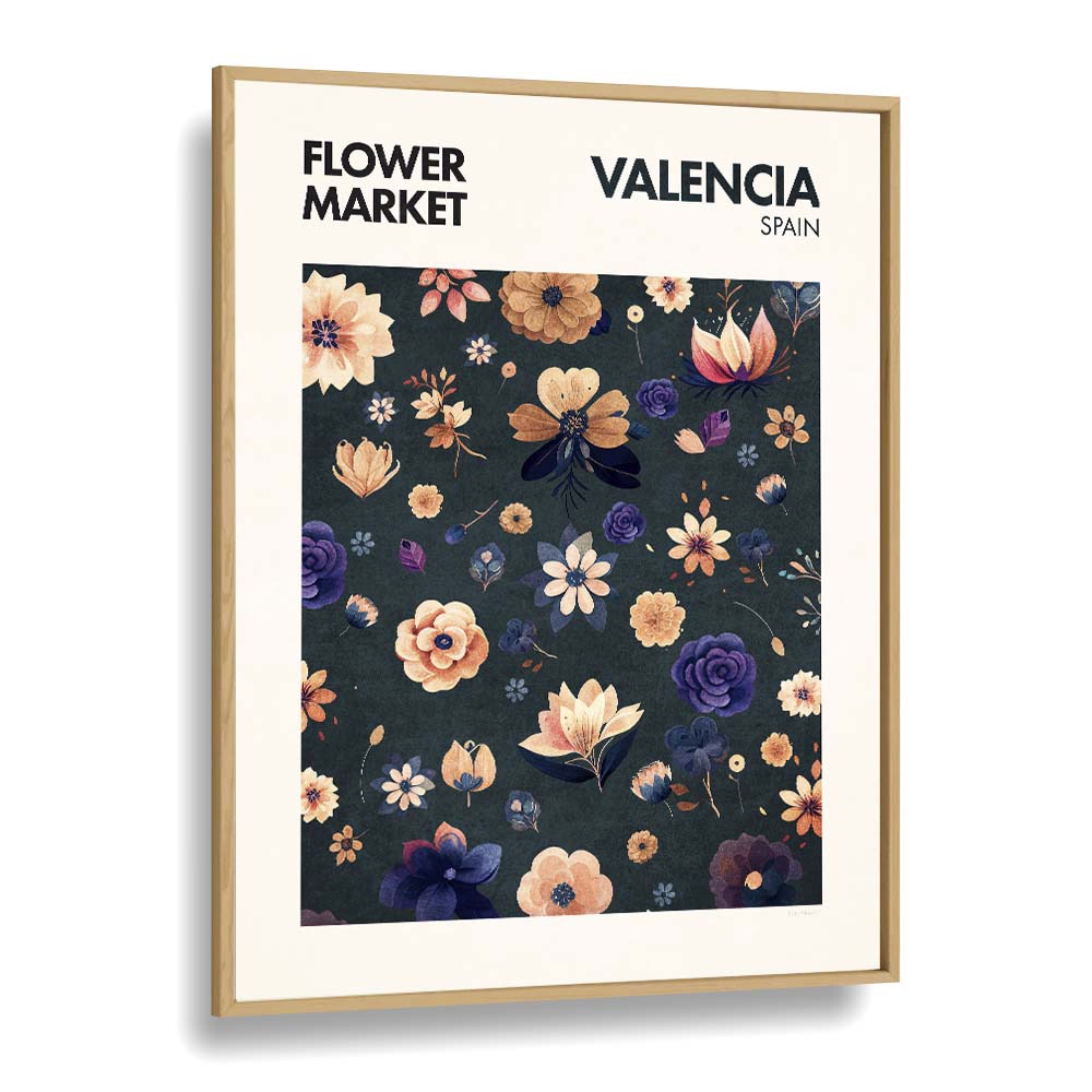 Valencia - Flower Market Botanical Flower Paintings Artwork in Oak Wood Plain Frame