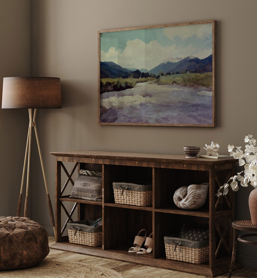 Elegant VALLEY RIVER, LANDSCAPE PAINTINGS brightening a cozy interior, showcasing serene rivers and lush valleys.