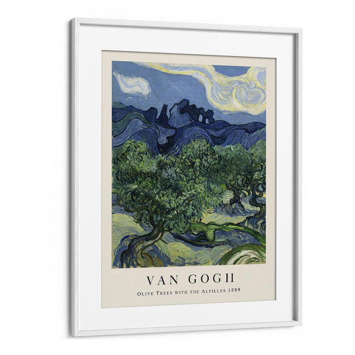 Van Gogh's Olive Groves Olive Trees With The Alpilles, 1889 Vincent Van Gogh art painting Artwork in White frame With Mount